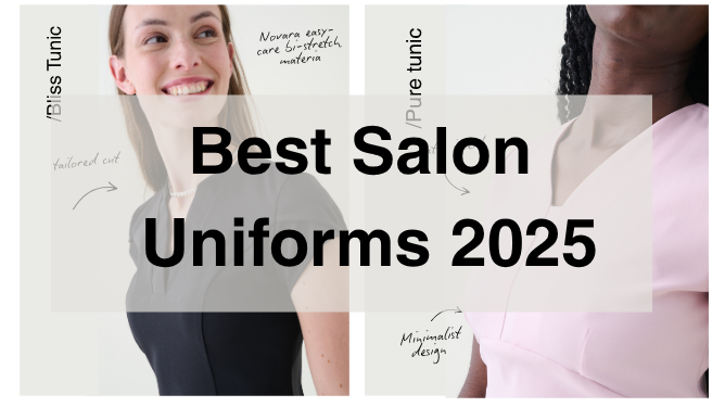 Variety of salon and beauty uniforms in 2025 styles, showcasing comfortable, functional, and fashionable workwear options