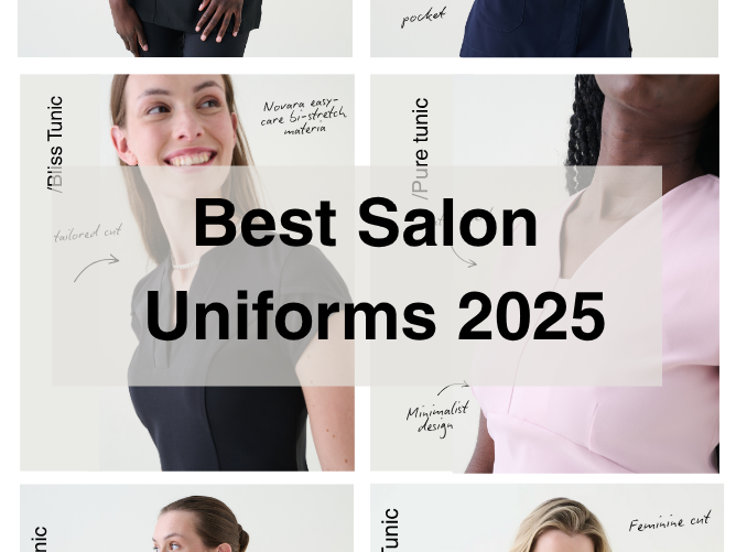 Variety of salon and beauty uniforms in 2025 styles, showcasing comfortable, functional, and fashionable workwear options