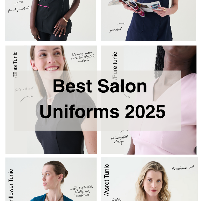 Variety of salon and beauty uniforms in 2025 styles, showcasing comfortable, functional, and fashionable workwear options