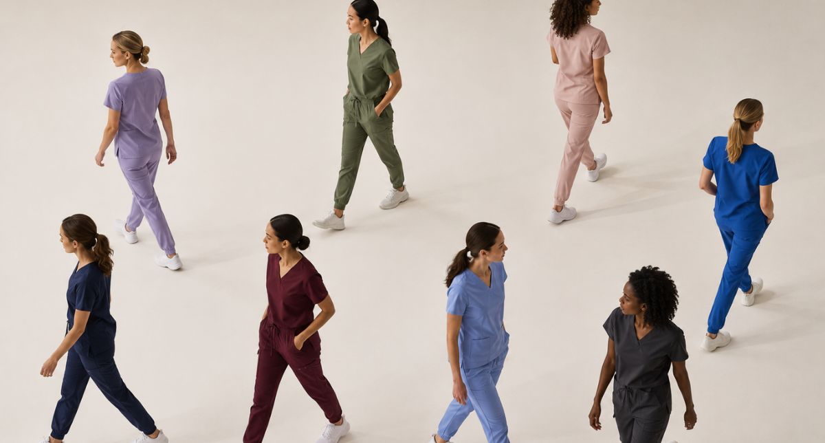 People in a walking motion in a circle wearing different coloured scrubs