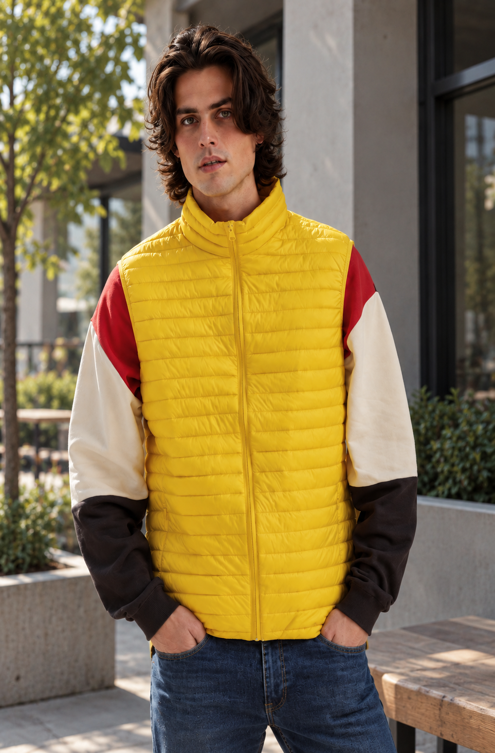A man wearing a bright yellow quilted puffer vest with color-blocked sleeves in red, cream, and black, paired with blue jeans, standing outdoors in front of a modern building.
