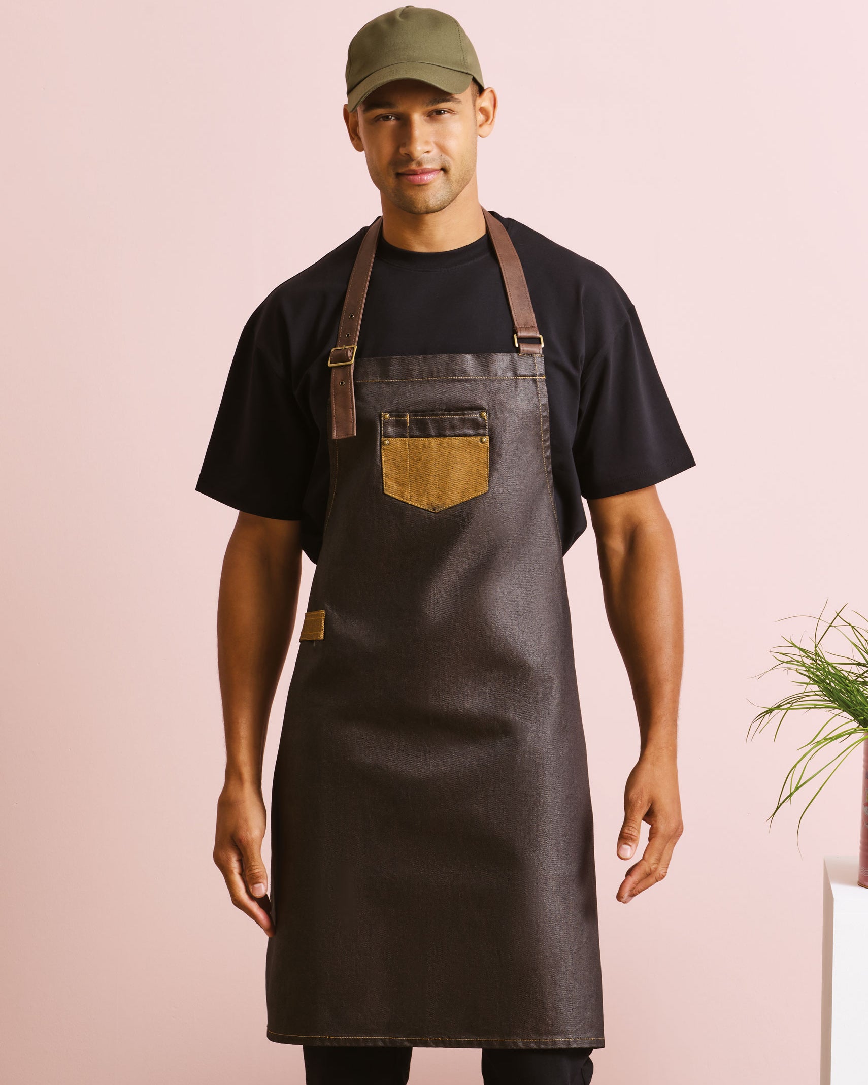 Waxed Look Denim Bib Apron with Faux leather