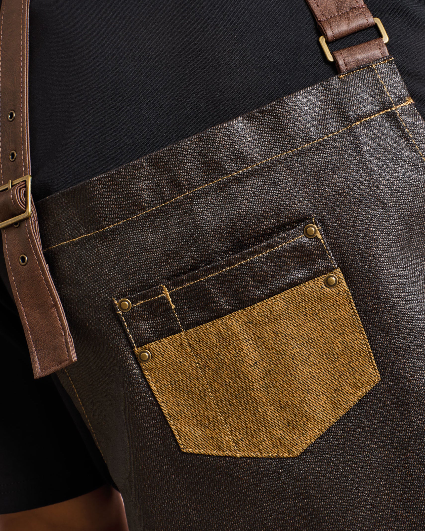 Waxed Look Denim Bib Apron with Faux leather