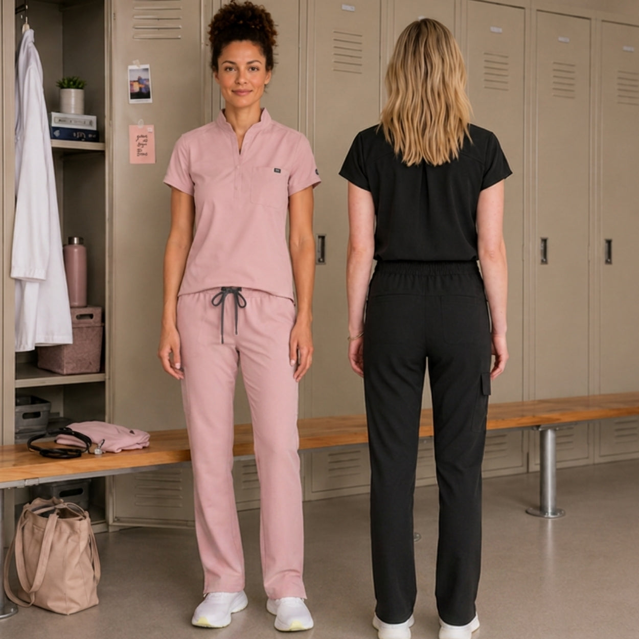 Two women in a locker room setting modeling scrub sets. The woman on the left is shown from the front wearing a light pink scrub top and matching scrub pants with a drawstring waist.