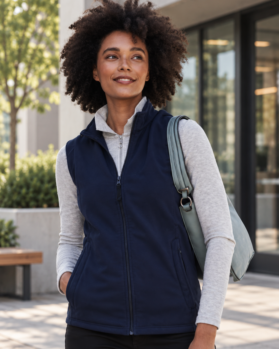 A woman wearing a navy blue zip-up fleece vest over a light gray long-sleeve shirt, standing outdoors in front of a modern building with glass windows.